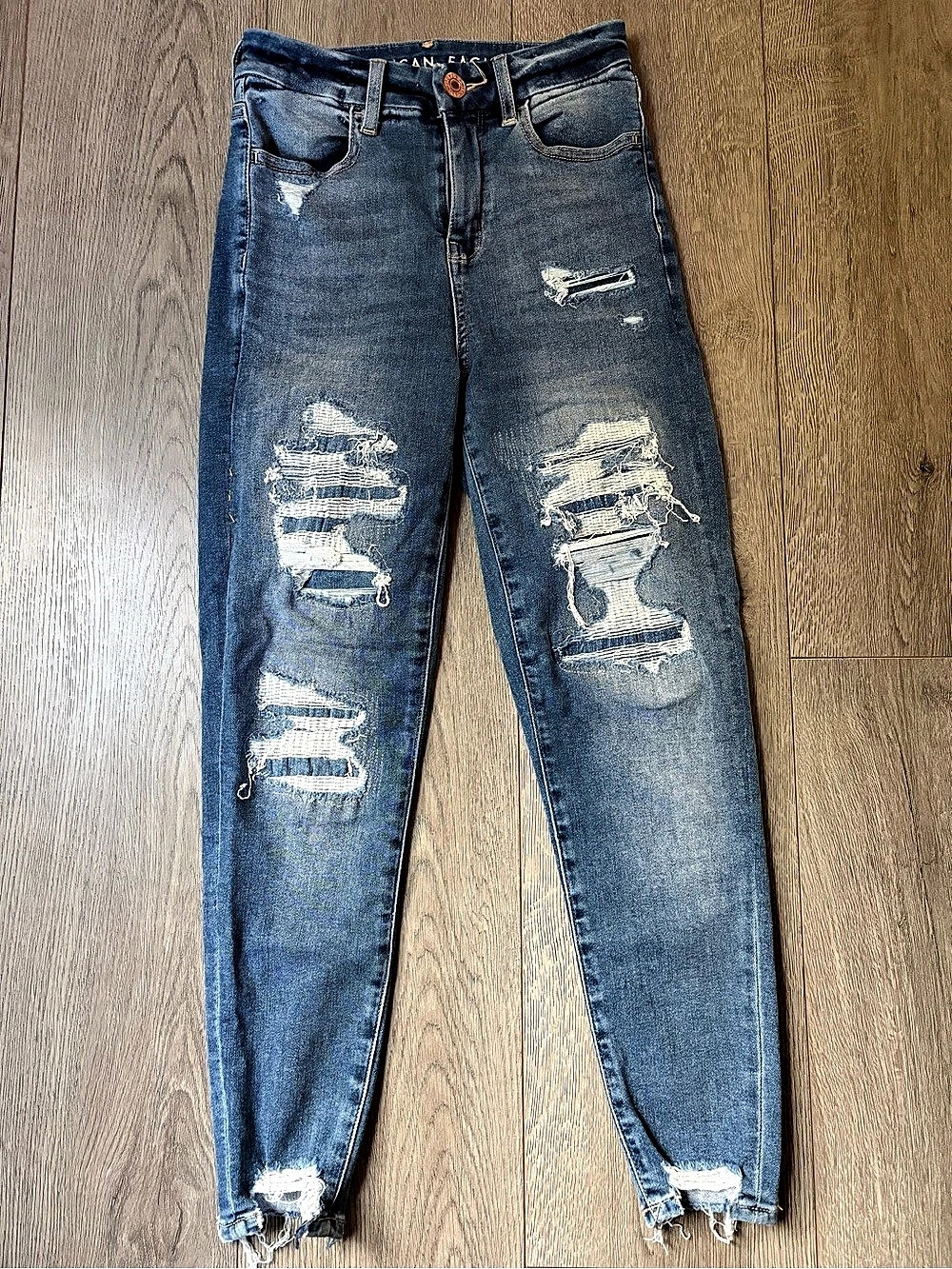 American Eagle Super Stretch Jegging Distressed Skinny Jeans Blue Waist 00